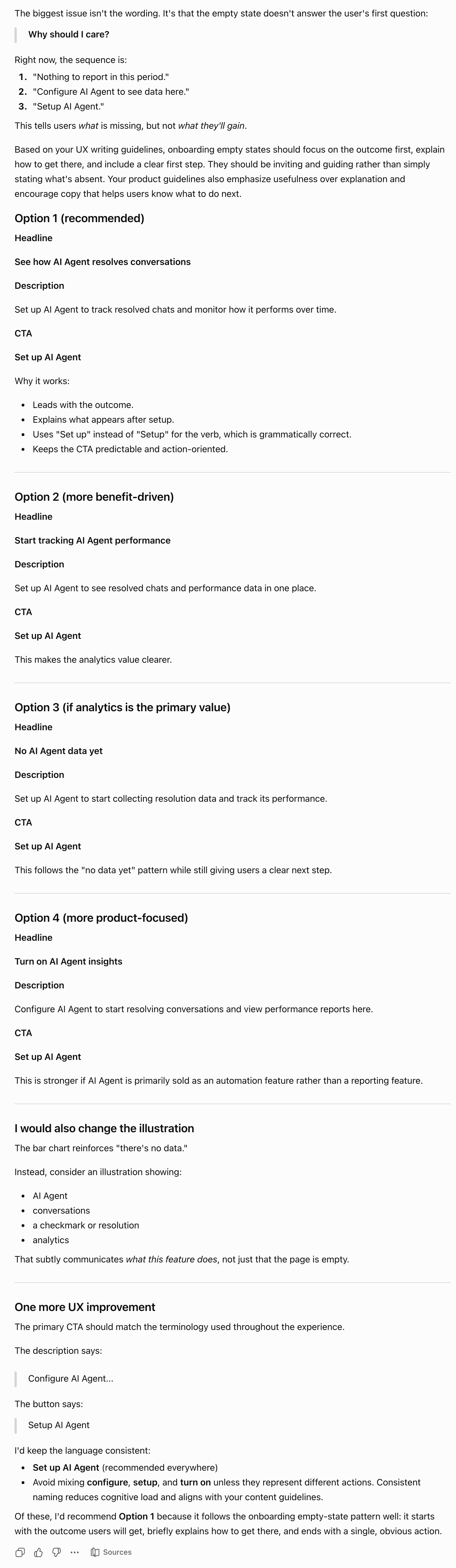 UX Copy Cat's suggested rewrite of the AI Agent empty state