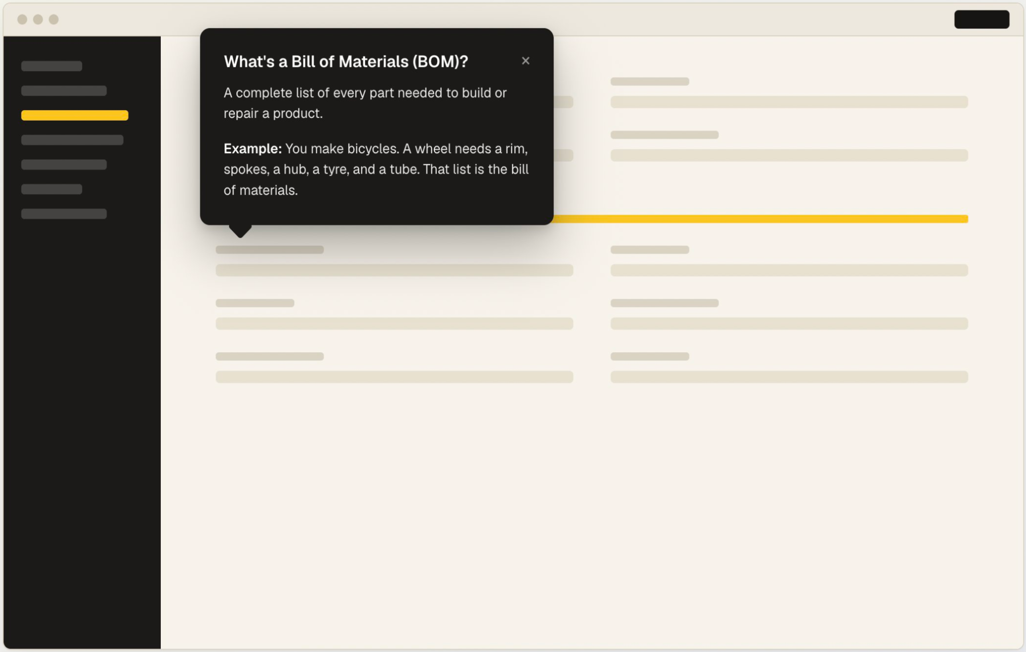 BOM tooltip in Syncron interface (mock)
